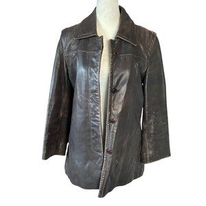 Vintage Coach 1941 brown leather button down collared lined coat women's size XS